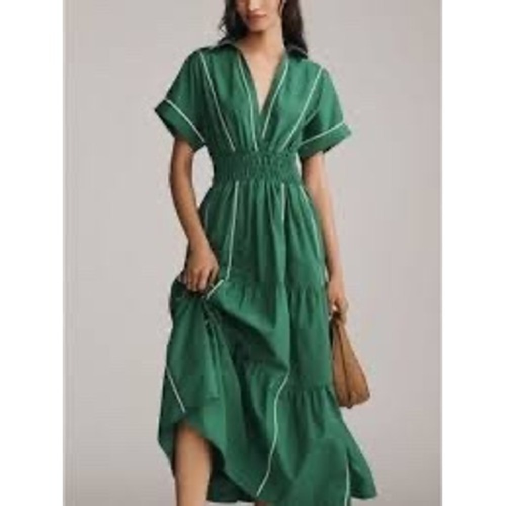 Anthropologie Somerset Maxi Dress Womens XL Green Tiered Cotton Piping OP2276004